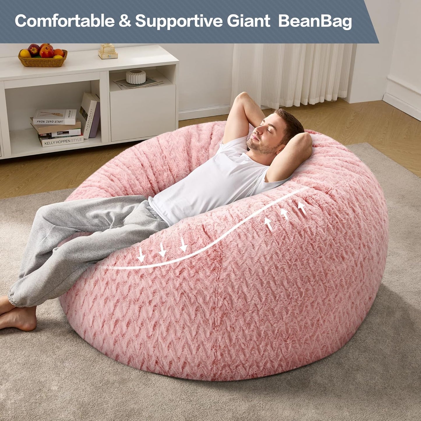 5ft Bean Bag Chairs for Adults Large Beanbag Chair with Chevron Plush Fur Cover Big Bean Bag Chair for Living Room Bedroom Dorm (Pink)