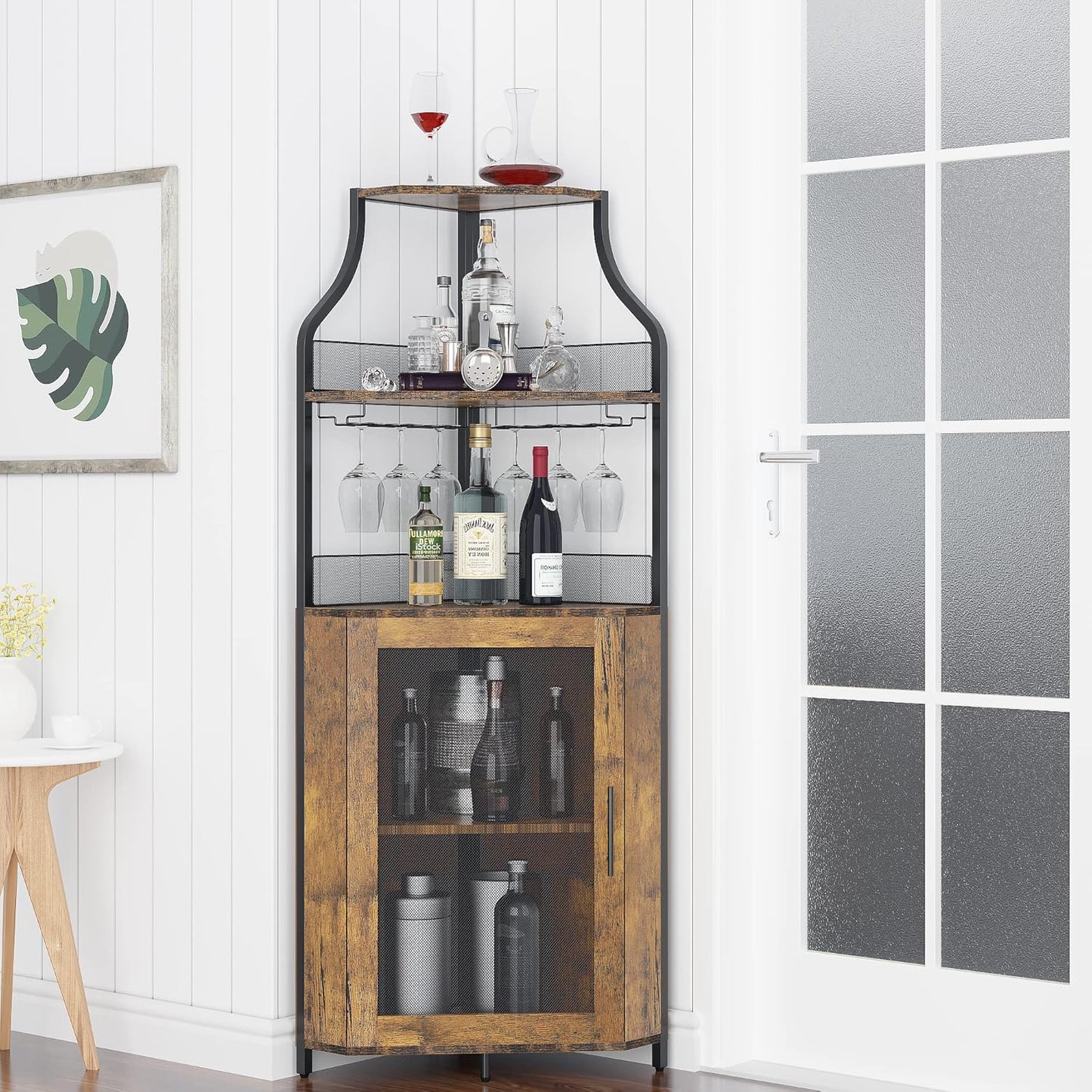 GAOMON Corner Wine Cabinet with Removable Wine Rack, Wine Bar Cabinet with Barn Door and Adjustable Shelves, Industrial Wine Cabinet for Dining Room, Living Room,Kitchen (Retro Brown)