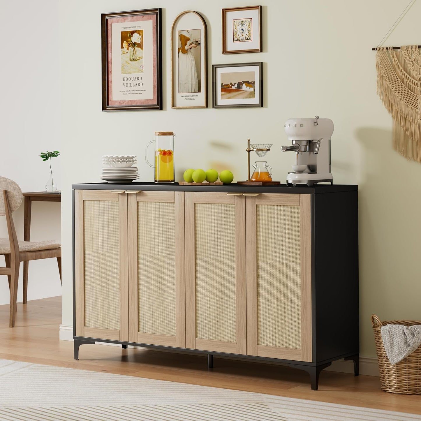 Sideboard Buffet Cabinet with Storage, 4 Doors Rattan Kitchen Cabinet with Adjustable Shelf, Accent Sideboard Entryway Table for Living Room, Black