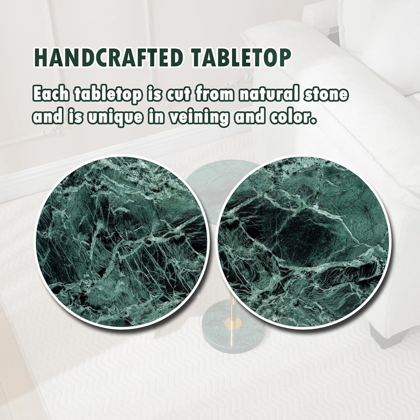 Φ9.8-inch Marble Round Drink Table, Stone Finish Pedestal End Table for Living Room, Weighted Base Small Accent Side Table for Small Space - Emerald Green