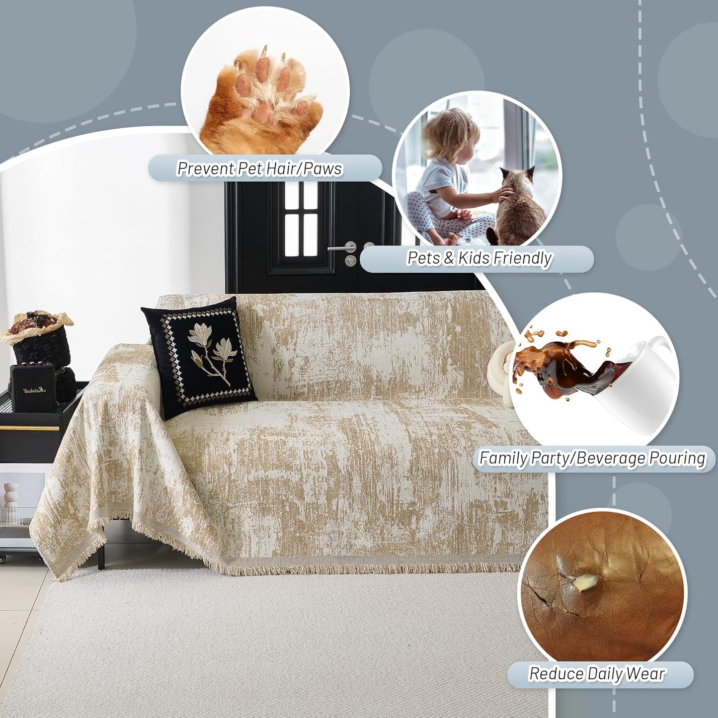 MYSKY HOME Couch Cover for Dogs Washable Couch Sofa Protector for Loveseat Sofa with Cats Pets Friendly Chenille Khaki Abstract Geometric Sofa Covers Soft Durable Farmhouse Sofa Slipcovers, 71" X102"