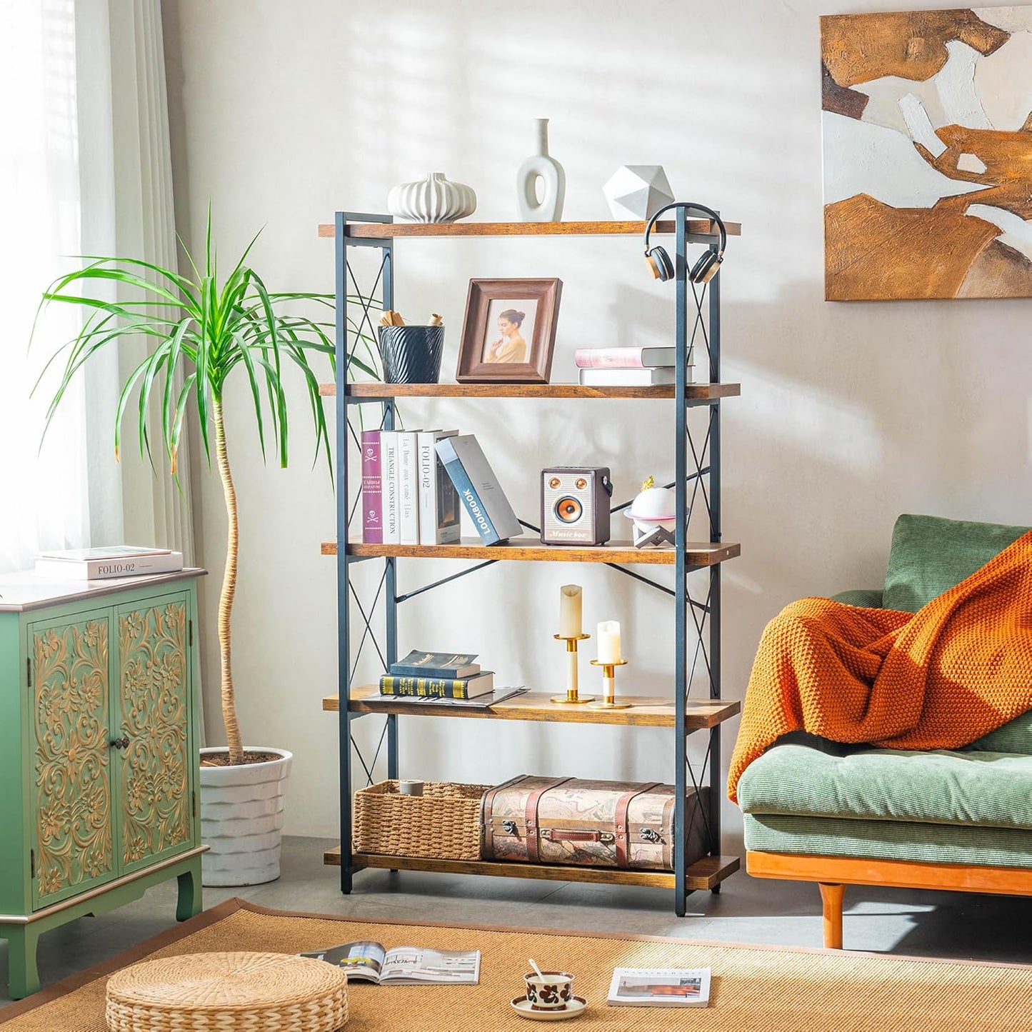 Bookshelf, 5 Tier Book Shelf, Industrial Tall Bookcase for Living Room, Home Office and Kitchen