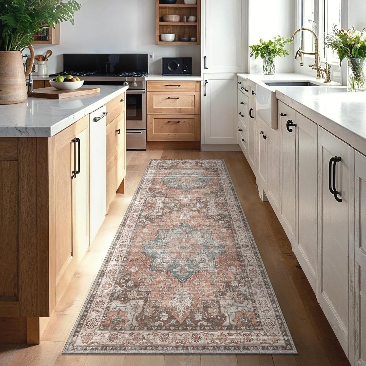 GENIMO 2x10 Runner Rugs for Hallway, Machine Washable Non Slip Vintage Rugs, Low Pile Lightweight Soft Print Rug for enrtyway, Corridor, Home Office, Kitchen, Dew Pink