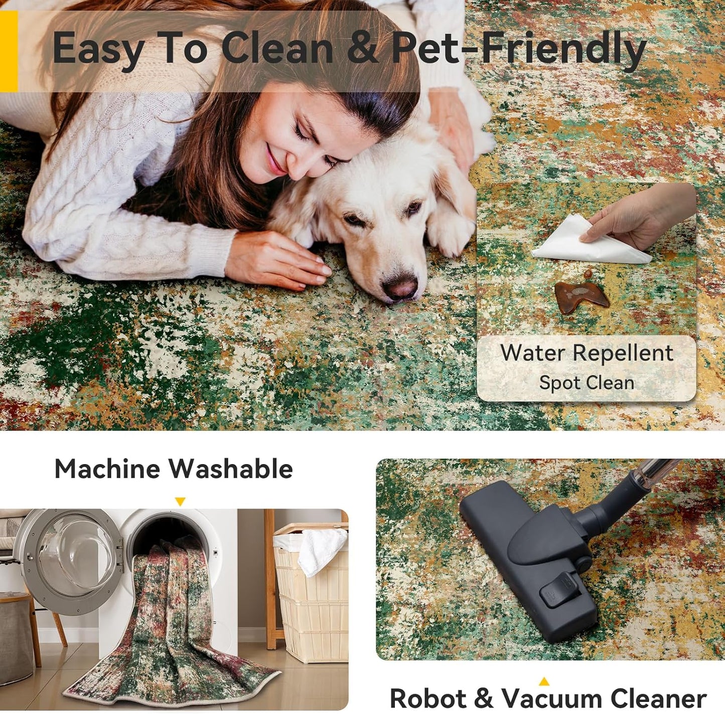 Washable Area Rugs 5'x7' Non-Slip Modern Abstract Soft for Living Room Entryway Bedroom Nursery, Print Pattern, Green Orange Rust Red Cream Colorful