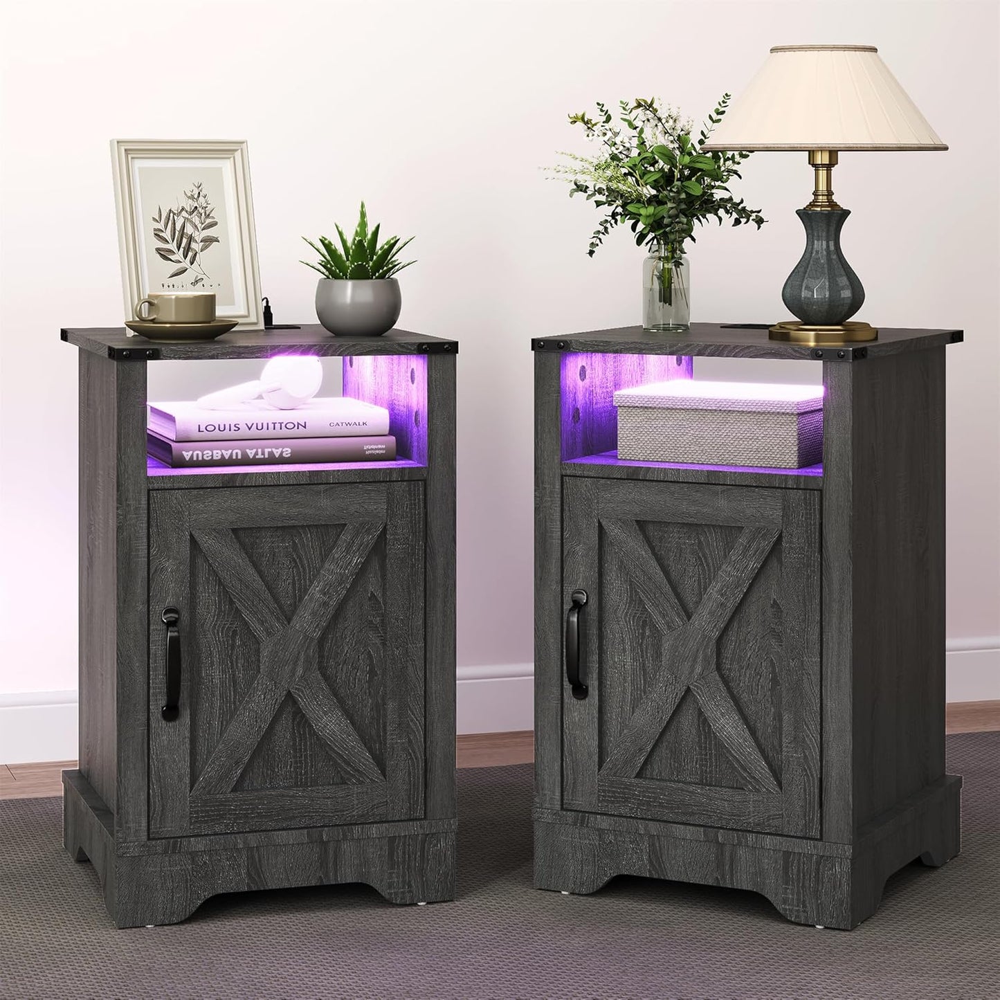 RoyalCraft Farmhouse Nightstand, Grey Night Stand with LED Lights and Charging Station, Bedside Table Set of 1 with Storage and Door, Wood End Table for Bedroom, Home Office, Dark Grey