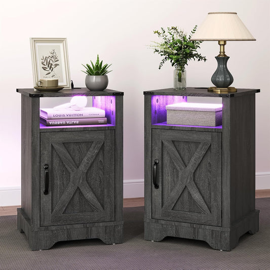 RoyalCraft Farmhouse Nightstand, Grey Night Stand with LED Lights and Charging Station, Bedside Table Set of 1 with Storage and Door, Wood End Table for Bedroom, Home Office, Dark Grey