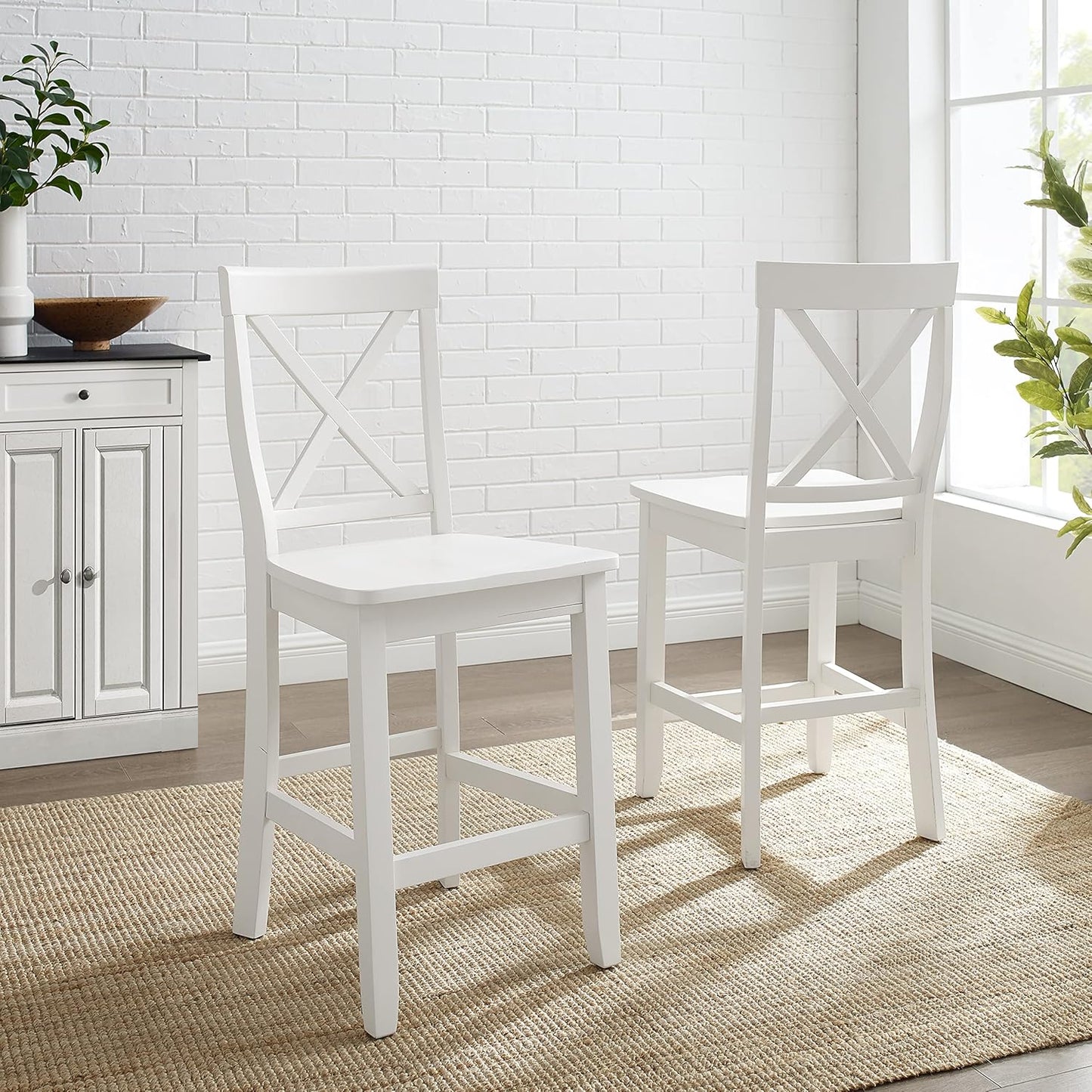 Crosley Furniture X-Back Wood Counter Height Bar Stools Set of 2, White, 24-inch