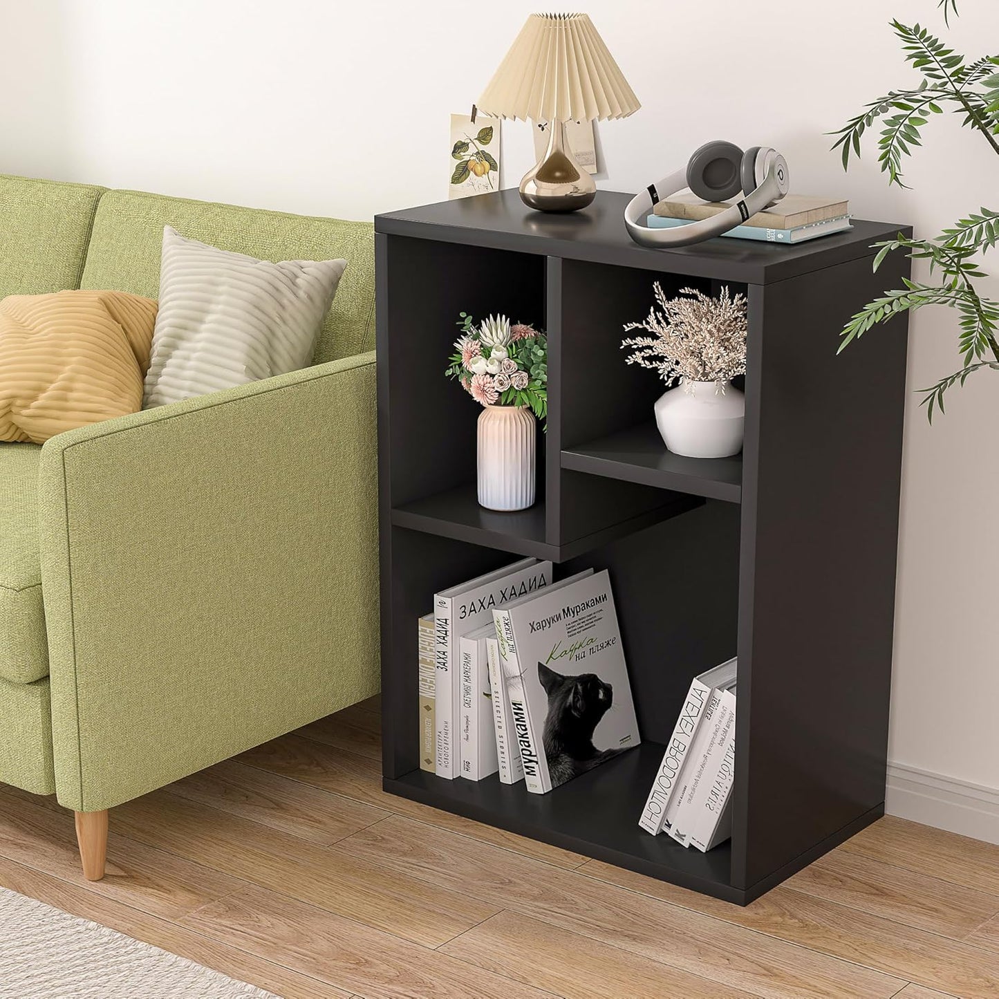 VECELO 3-Cube Small Bookshelf, Modern Bookcases with Shelves Height Up to 12.8 Inches, Suit for Common Size Textbook, Vertical or Horizontal, Cubby Storage Organizer,Vintage Black