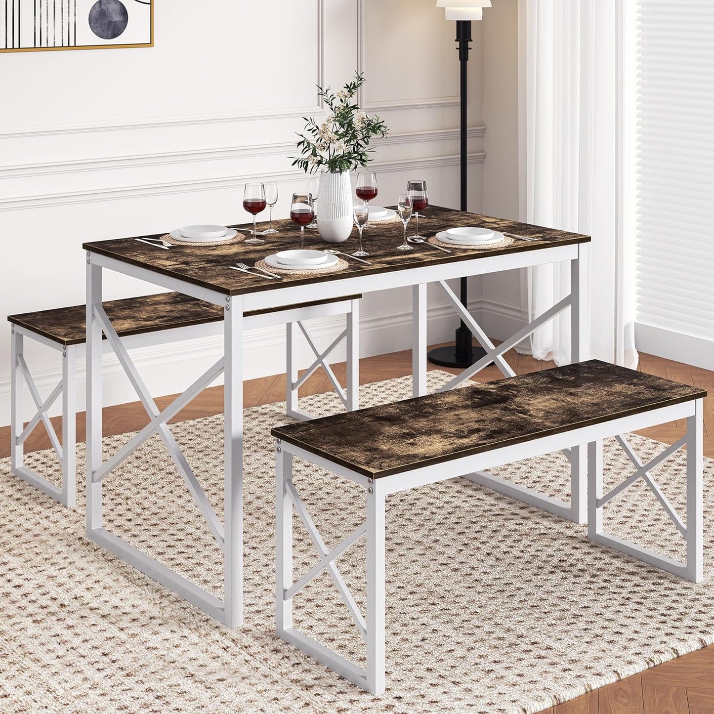 VECELO Kitchen Table with 2 Benches for 4, 43.3'' Wood Dining Room Dinette Sets with Metal Frame for Breakfast Nook and Small Space, Dark Brown