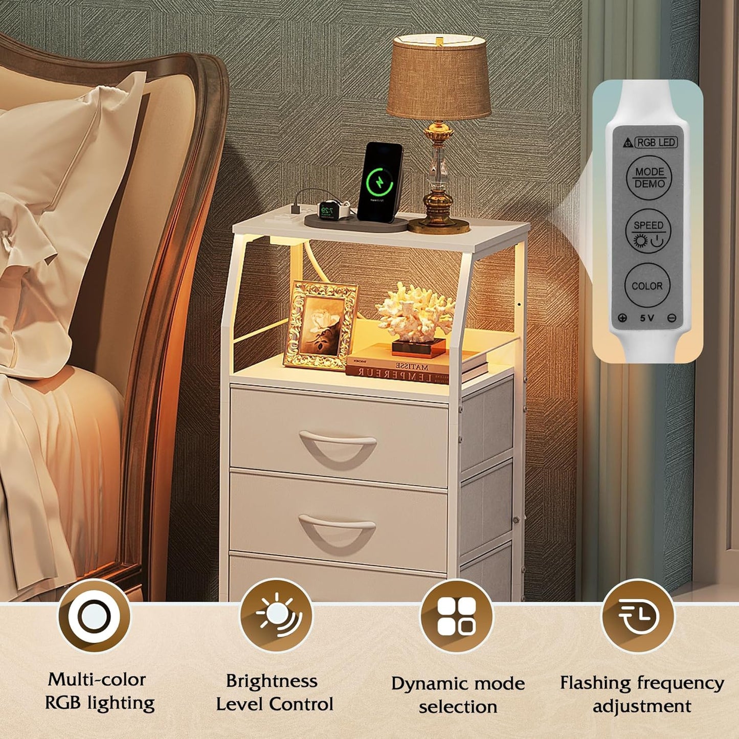 WLIVE Night Stand with Charger Station, White Nightstand with LED Light and 4 Storage Drawers, Tall Dresser for Bedroom, 37.48" H Bedside Table with Fabric Bins, Wood Shelf