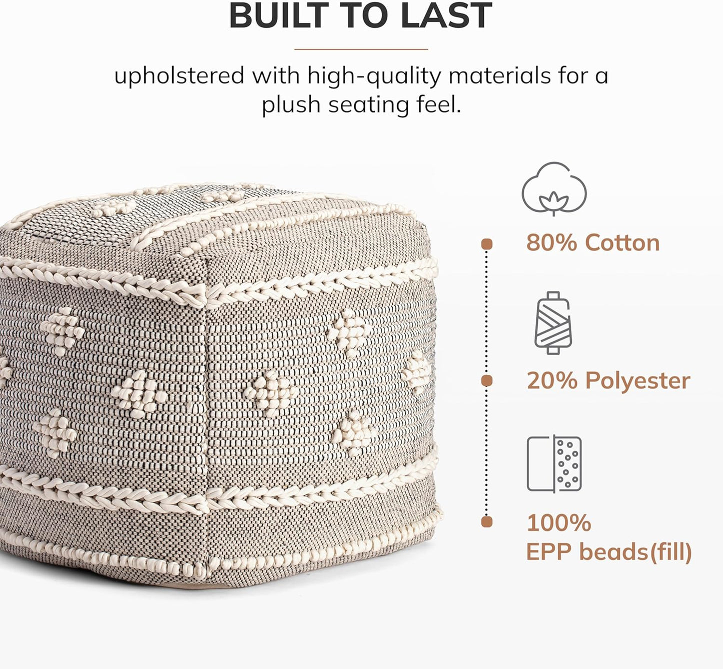 Anji Mountain 100% Handmade & Handcrafted Comfortable Home Décor Pouf Ottoman Footrest for Living Room, Bedroom, Nursery, Kidsroom, Patio Furniture - (20" x 20" x 20"- Black,Ivory)