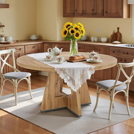 47" Round Dining Table for 4-6, Modern Dinner Table Farmhouse Round Small Kitchen Tables with Wooden Cross Base for Dining Room, Kitchen, Living Room, Retro Brown
