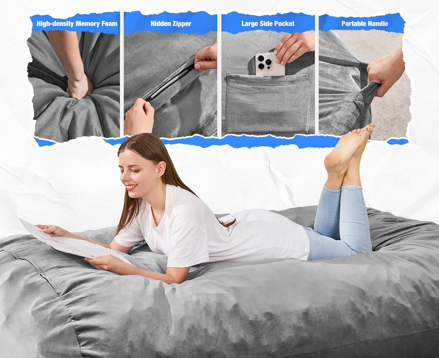 Hobestluk 6FT Bean Bag Chair Large Beanbag Lounger with Removable Cover Adult Bean Bag Chair with Portable Handle Desgin for Living Room Bedroom (Grey, 6FT)