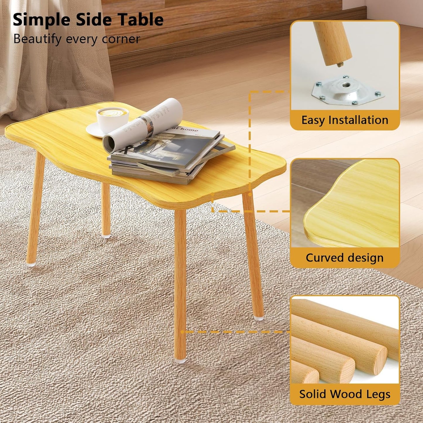 Cookie Coffee Table Low Table with 4 Solid Wood Sturdy Legs, Floor Table Desk for Sitting on The Floor, Storage and Living Room Furniture (Natural)