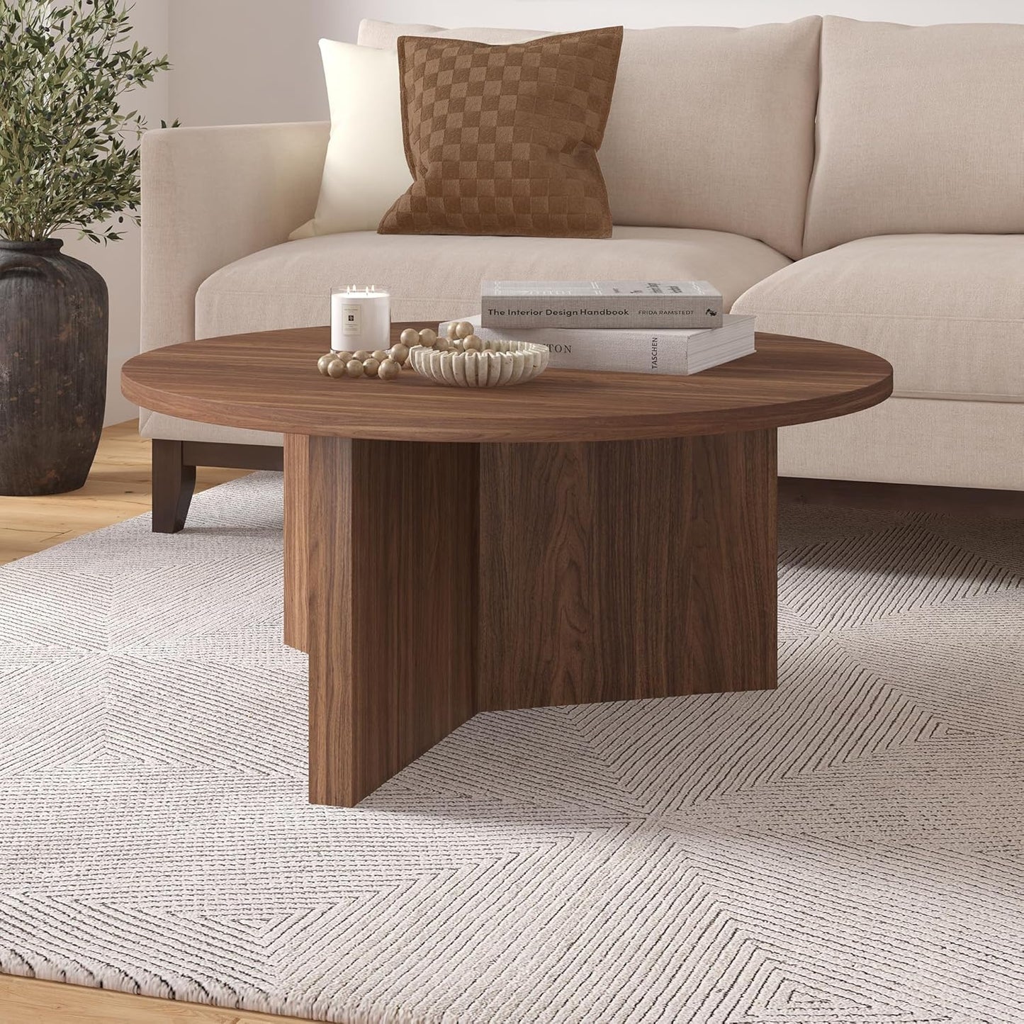 Henn&Hart 36" Round Wood Pedestal Coffee Table for Living Room, Family Room, Office, or Apartment, Satin Walnut