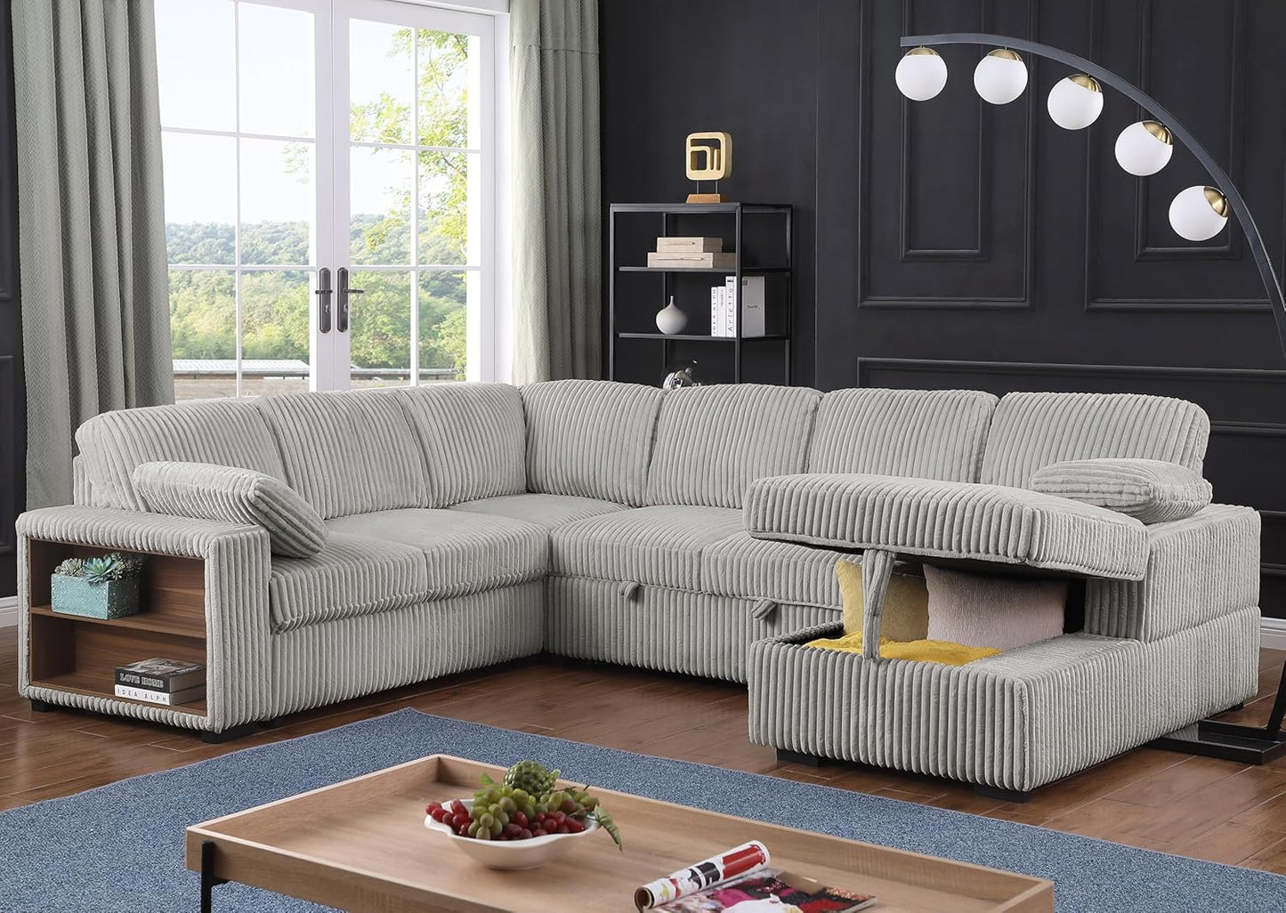Eafurn Oversized U Shaped Convertible Sleeper Sectional Sofa w/Pull Out Couch Bed, 6 Seater Corduroy Upholstered Corner Lounge Sofa Couch Sleeper Sofabed w/Storage Chaise,Shelves