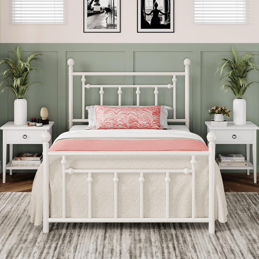 Allewie 14 Inch Twin Size Metal Platform Bed Frame with Victorian Vintage Headboard and Footboard/Mattress Foundation/Under Bed Storage/No Box Spring Needed/Easy Assembly/Noise Free/White