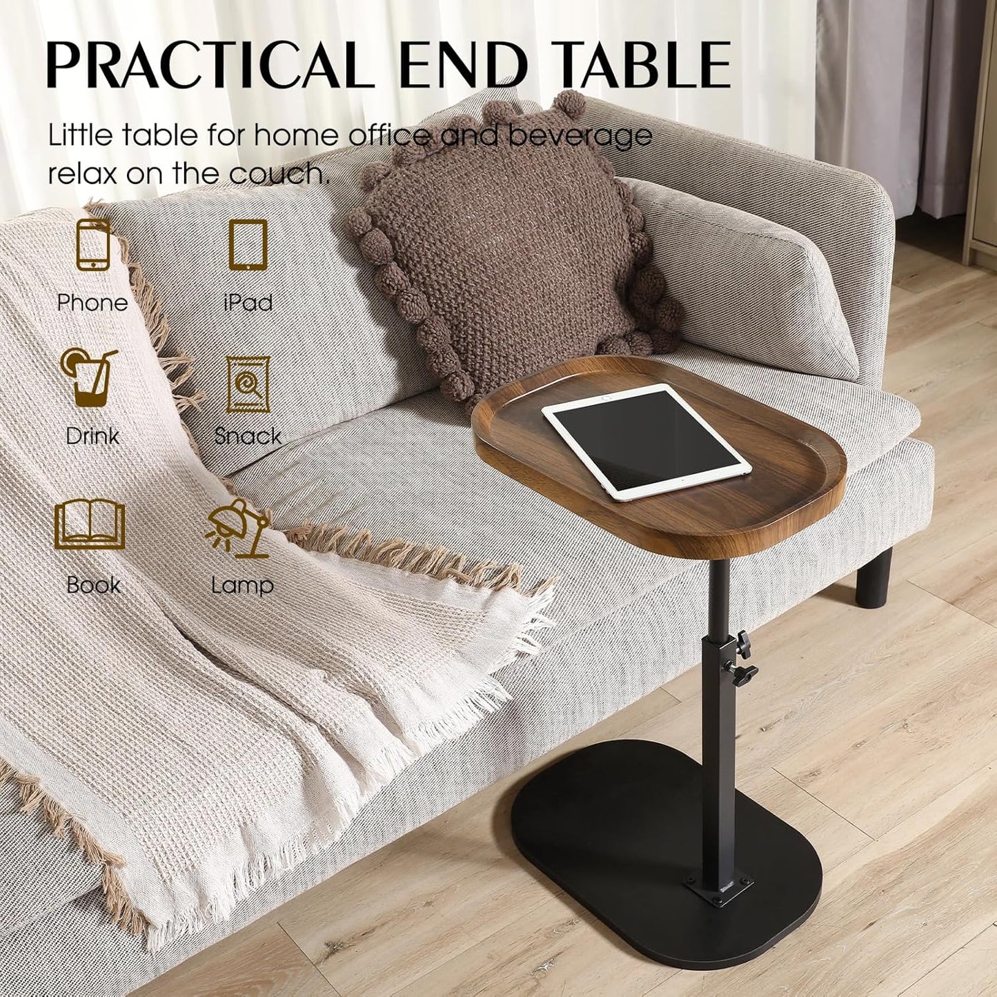360° Swivel TV Tray Table for Dinner,Adjustable Small Bedside Table with Wheels, C Shaped End Table for Couch, Couch Side Tables That Slide Under Sofa and Bed, Suitable for Coffee,Snack,Drink