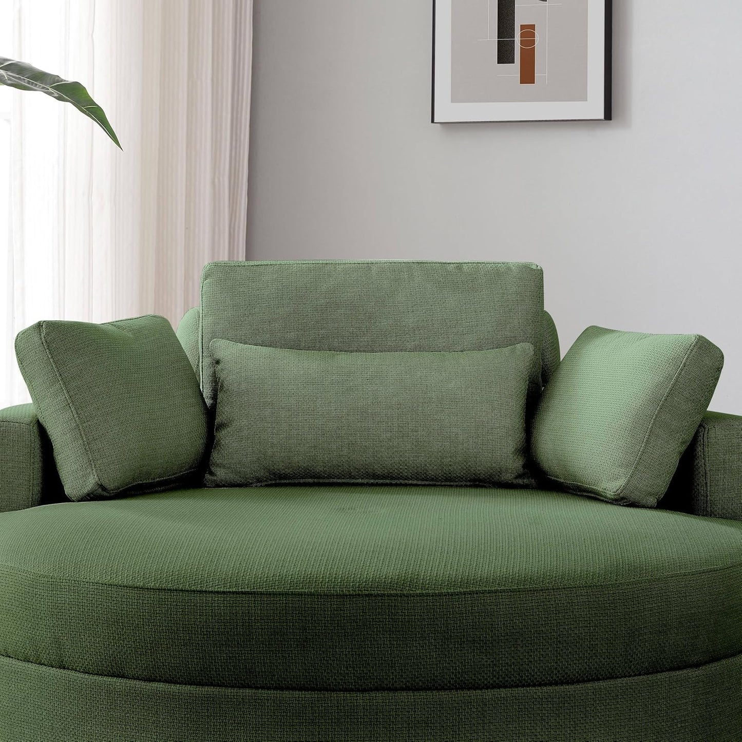 51.2'' Oversized Barrel Armchair with Storage Ottoman，Round Single Reading Upholstered Chairs,Recliner Sofa Chaise with 4 Movable Pillows for Living Room(Green+Linen)