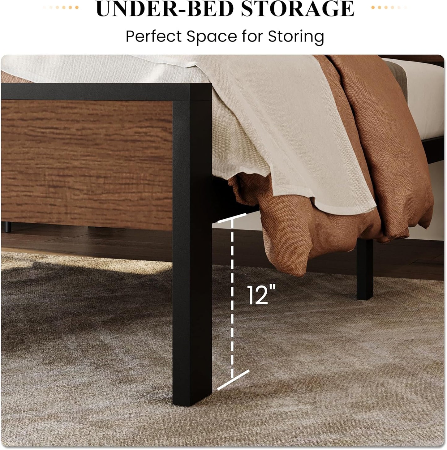 SHA CERLIN 14 Inch Twin Size Metal Platform Bed Frame with Wooden Headboard and Footboard, Mattress Foundation, No Box Spring Needed, Large Under Bed Storage, Heavy Duty Slats Support, Walnut