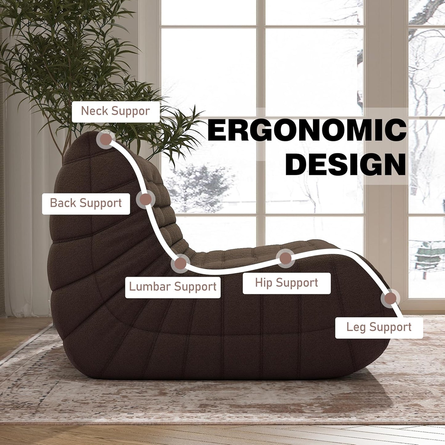 Bean Bag Chair, Loveseat Fireside Chair Bean Bag Sofa Large Bean Bag Chair for Adults, 2 Seater Bean Bag Chairs for Teens with High Density Comfortable Foam, Bean Bag for Living Room, Bedroom(Coffee)