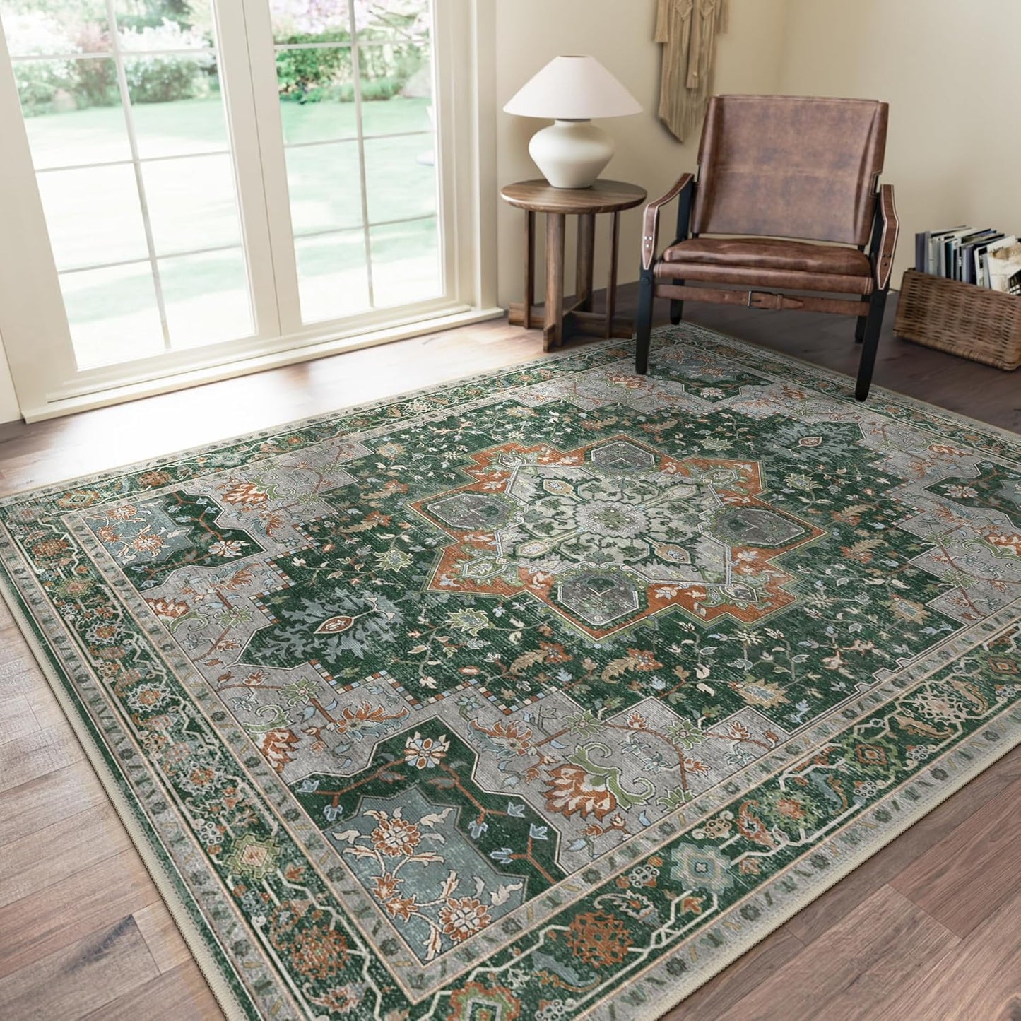 GENIMO 8x10 Area Rugs for Living Room, Machine Washable Non Slip Vintage Rugs, Low Pile Lightweight Chenille Print Rug for Bedroom, Dining Room, Home Office,Pine Green