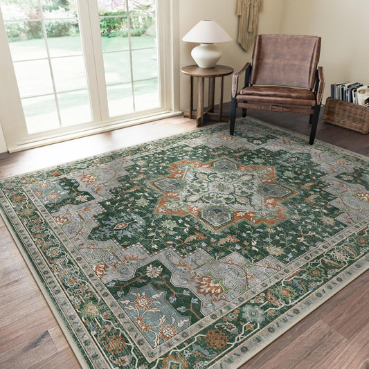 GENIMO 8x10 Area Rugs for Living Room, Machine Washable Non Slip Vintage Rugs, Low Pile Lightweight Chenille Print Rug for Bedroom, Dining Room, Home Office,Pine Green