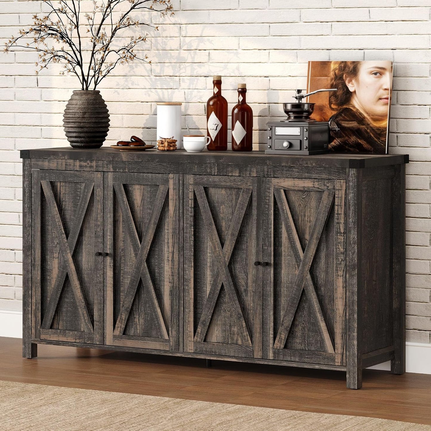 DWVO Buffet Cabinet with Storage, 55" Sideboard Buffet Storage Cabinet with Shelves and Doors, Farmhouse Coffee Bar Cabinets Kitchen Table for Kitchen, Dining Room, Dark Oak