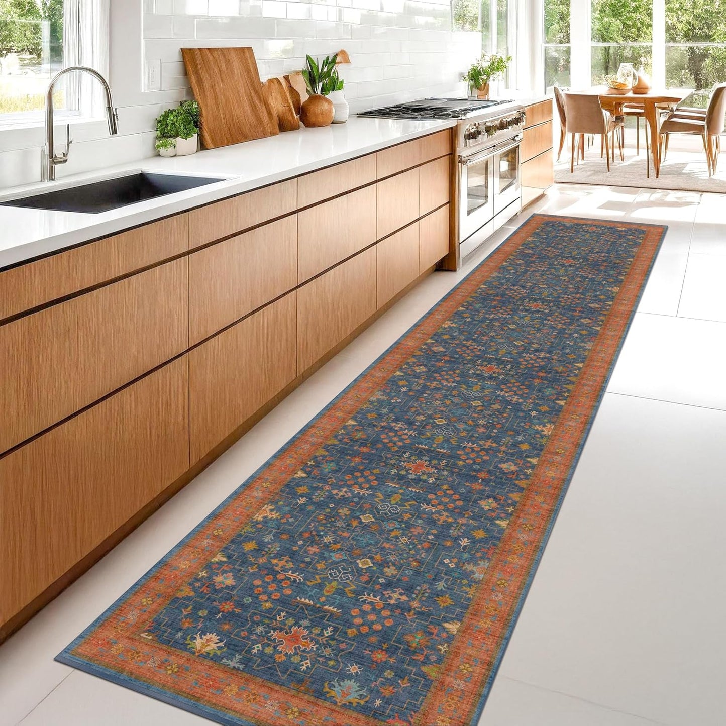 Navy Blue Washable Hallway Runner Rug 2x10 Non Slip Rugs for Kitchen, Mudroom, Bathroom, Hall Way - 10 ft Long Dark Boho Geometric Decor, Fade & Stain Resistance