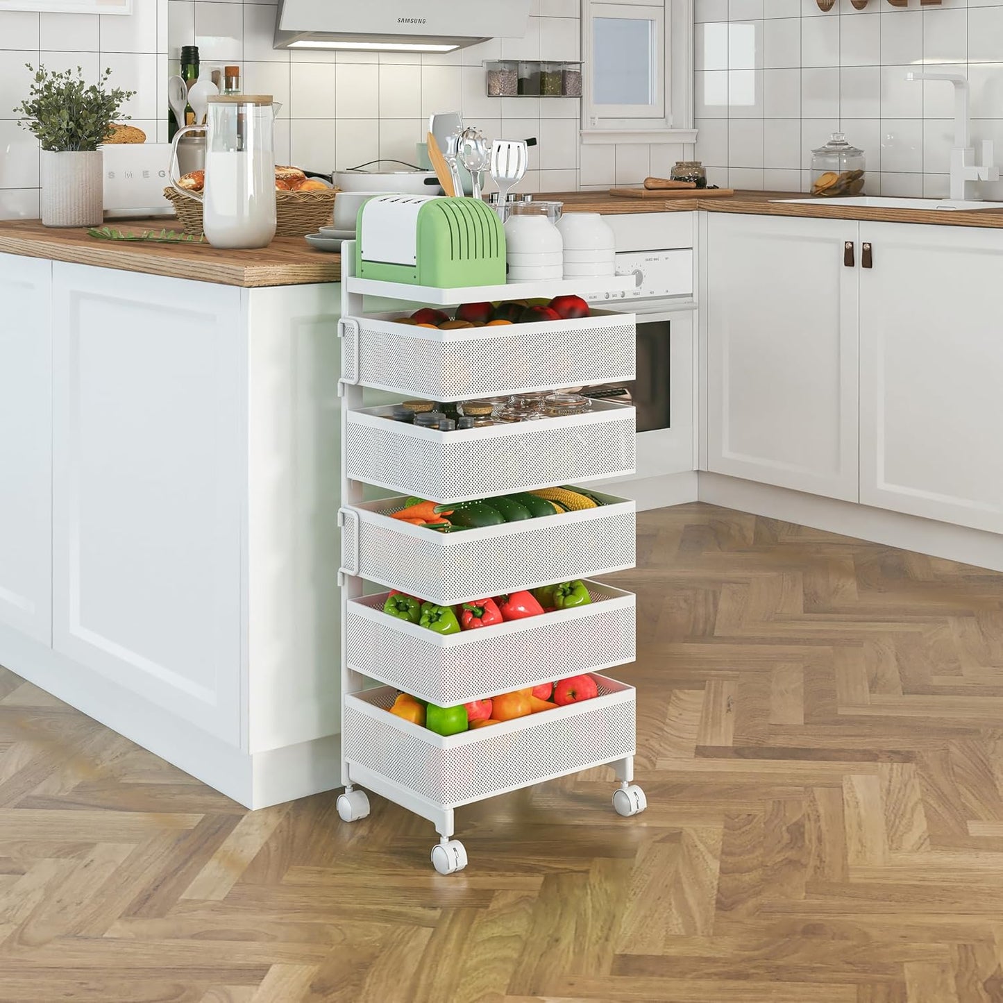 Fruit Basket for Kitchen No Assembly, Rolling Rotating Storage Cart,Bathroom Shelf,Mobile Metal Utility Storage Cart,Potato and Onion Storage Drawer Cart(Bright White, 5 Tier-Square)
