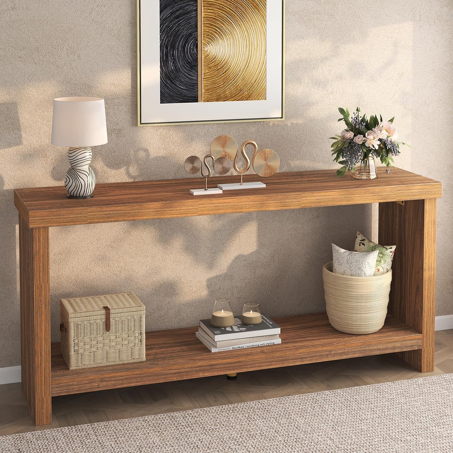 63 Inches Narrow Console Table, 2-Tier Long Sofa Tables Behind Couch Table, Farmhouse Foyer Tables for Entryway, Hallway, Living Room, Rustic Brown