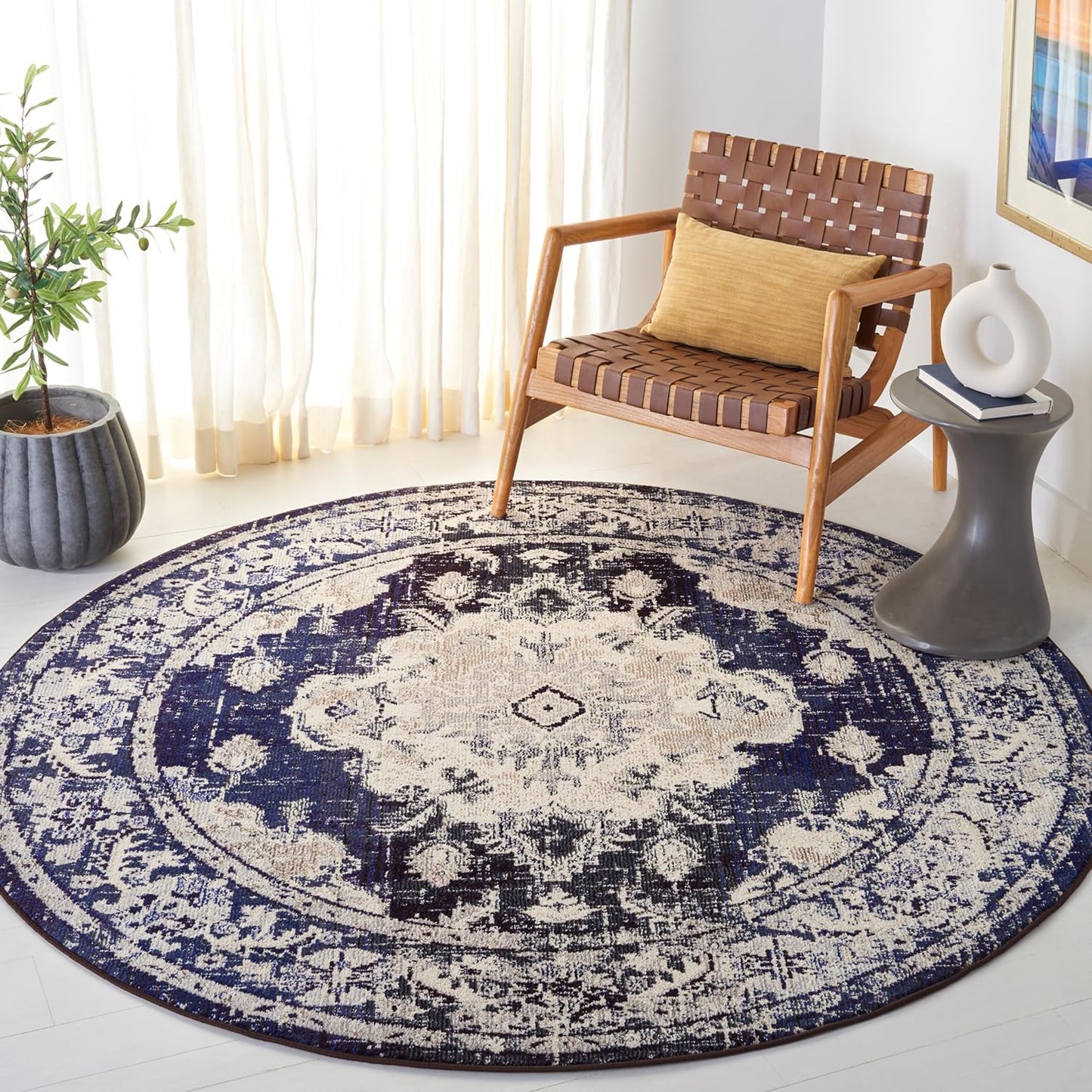 SAFAVIEH Monaco Collection Round Rug - 6'7" Round, Ivory & Navy, Traditional Design, Slip Resistant & Stain Resistant, Ideal for High Traffic Areas in Living Room, Bedroom & Dining Room (MNC243C-7R)