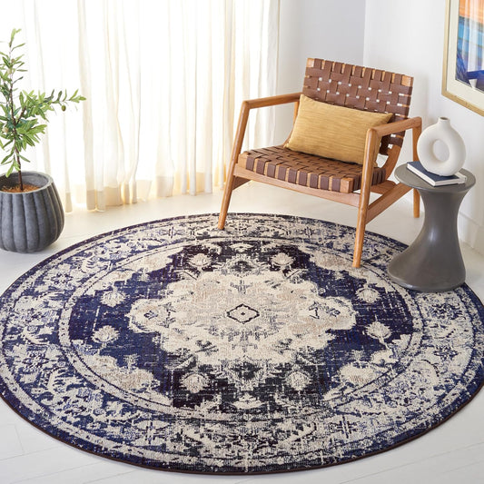 SAFAVIEH Monaco Collection Round Rug - 6'7" Round, Ivory & Navy, Traditional Design, Slip Resistant & Stain Resistant, Ideal for High Traffic Areas in Living Room, Bedroom & Dining Room (MNC243C-7R)