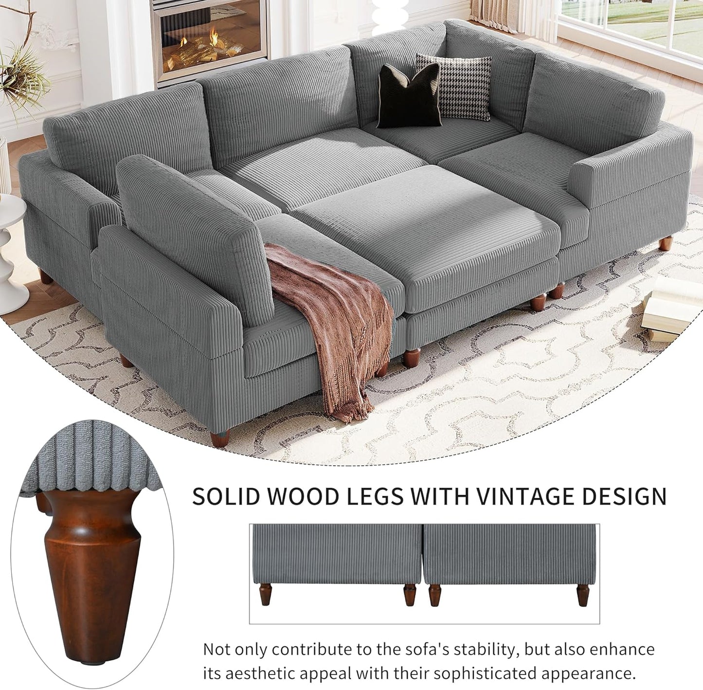 97.2 Inch L Shaped Modular Sectional Sofa with Movable Ottoman, 6-Seater Oversized Upholstered Combination Corner Couch for Living Room Office Spacious Space Furniture Sets, Gray