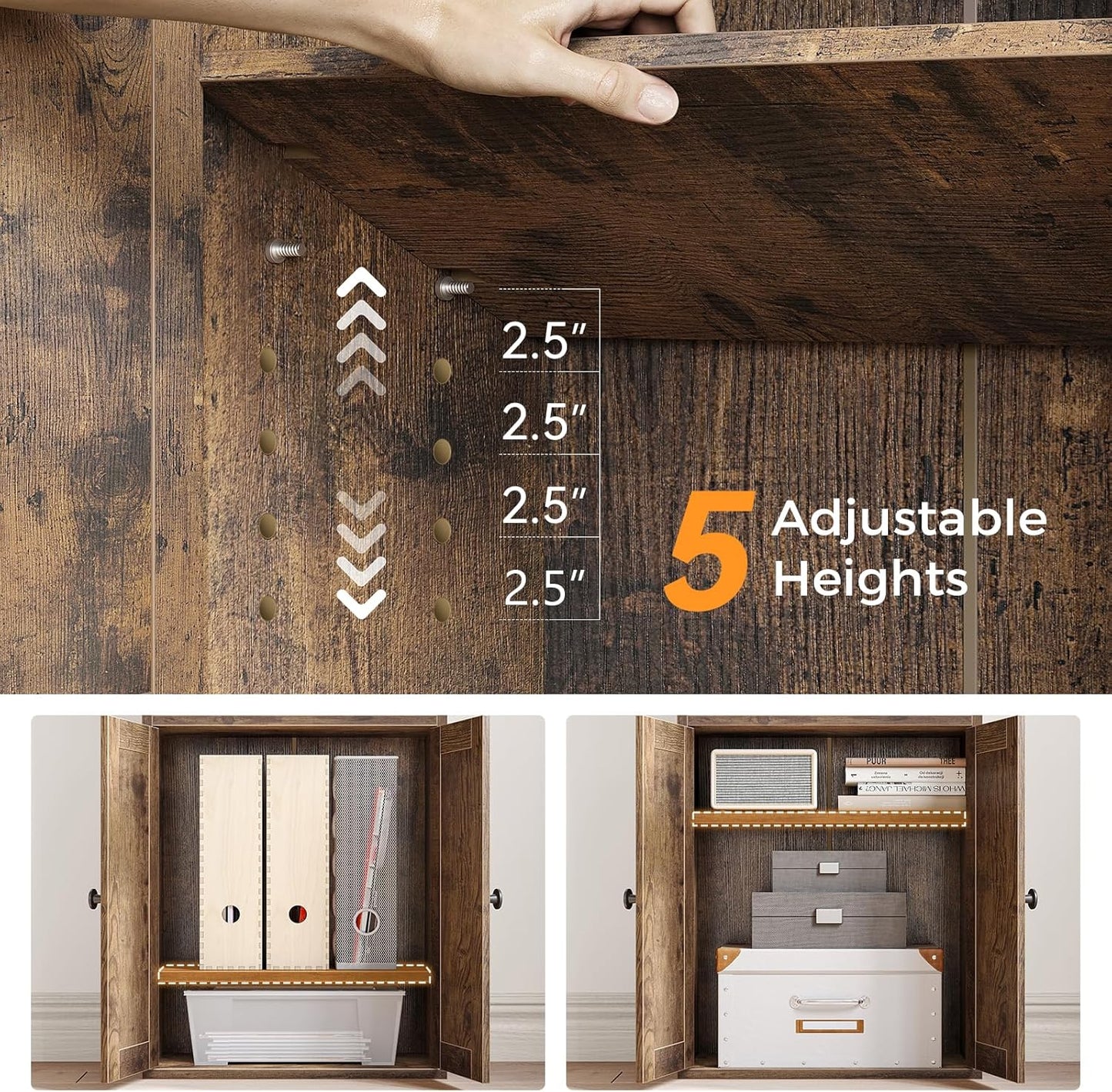 Casaottima Bookshelf and Bookcase with Doors and Drawer, Floor Standing 6-Tier Shelf Display Storage Shelves, Tall Bookcases for Home Office, Living Room, Vintage