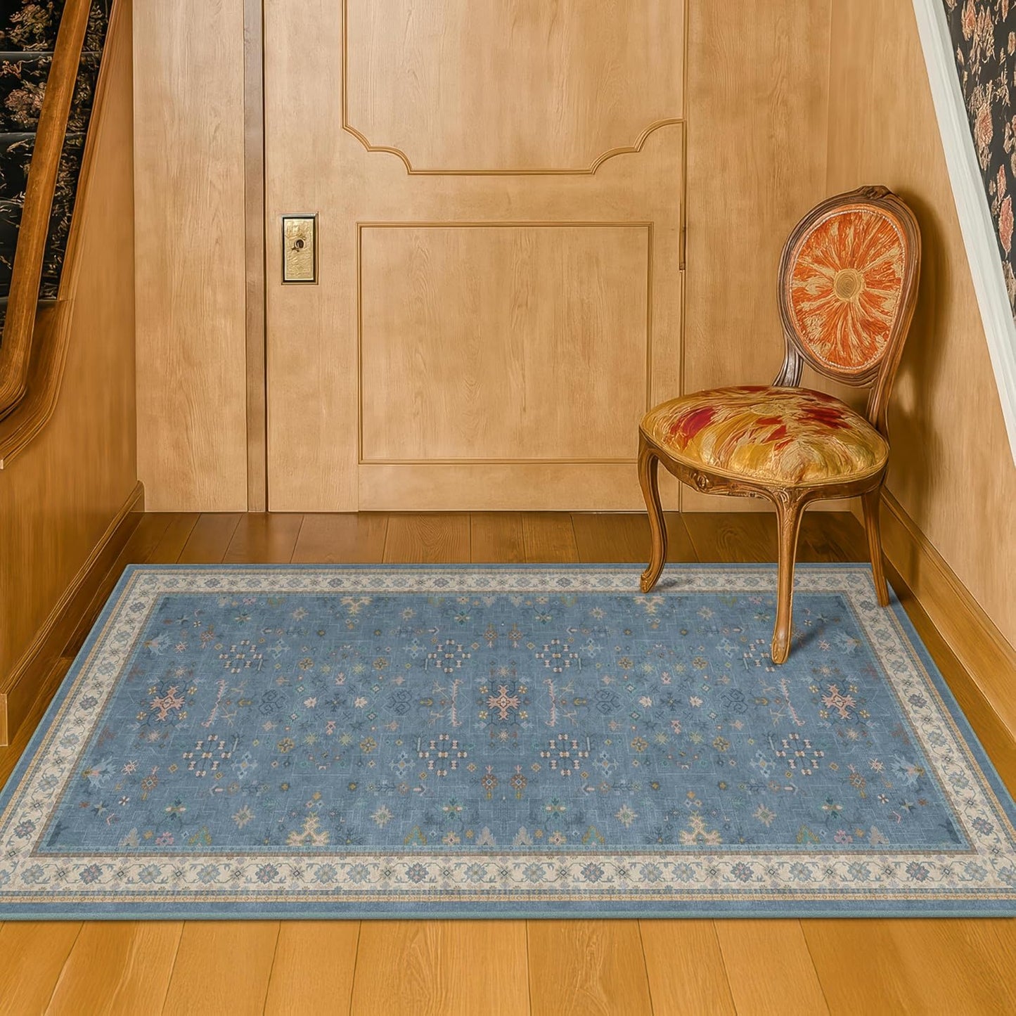 Blue 2x4 Runner Rug for Entryway Indoor, Kitchen Floor Waterproof, Bathroom, Powder Room, Washable Non Slip Low Pile Stain & Fade Resistant, Modern Eclectic Floral Decor