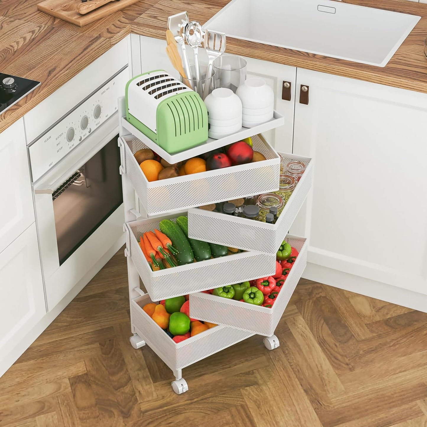 Fruit Basket for Kitchen No Assembly, Rolling Rotating Storage Cart,Bathroom Shelf,Mobile Metal Utility Storage Cart,Potato and Onion Storage Drawer Cart(Bright White, 5 Tier-Square)
