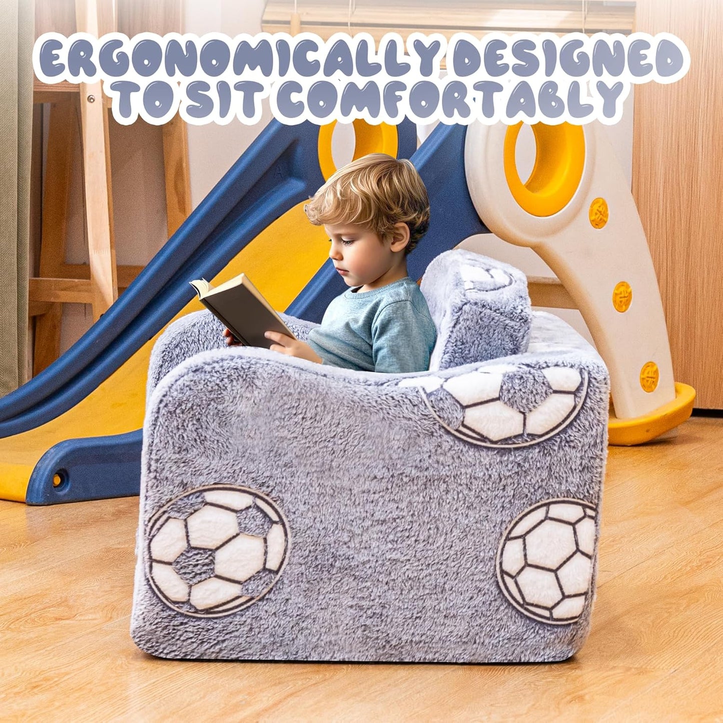 Lamerge 2-in-1 Toddler Couch,Glow in The Dark Baby Floor Bed,Foldable Toddler Chair Kids Sofa for playroom,Convertible Sofa to Lounger for Girls and Boys (Grey and Football)