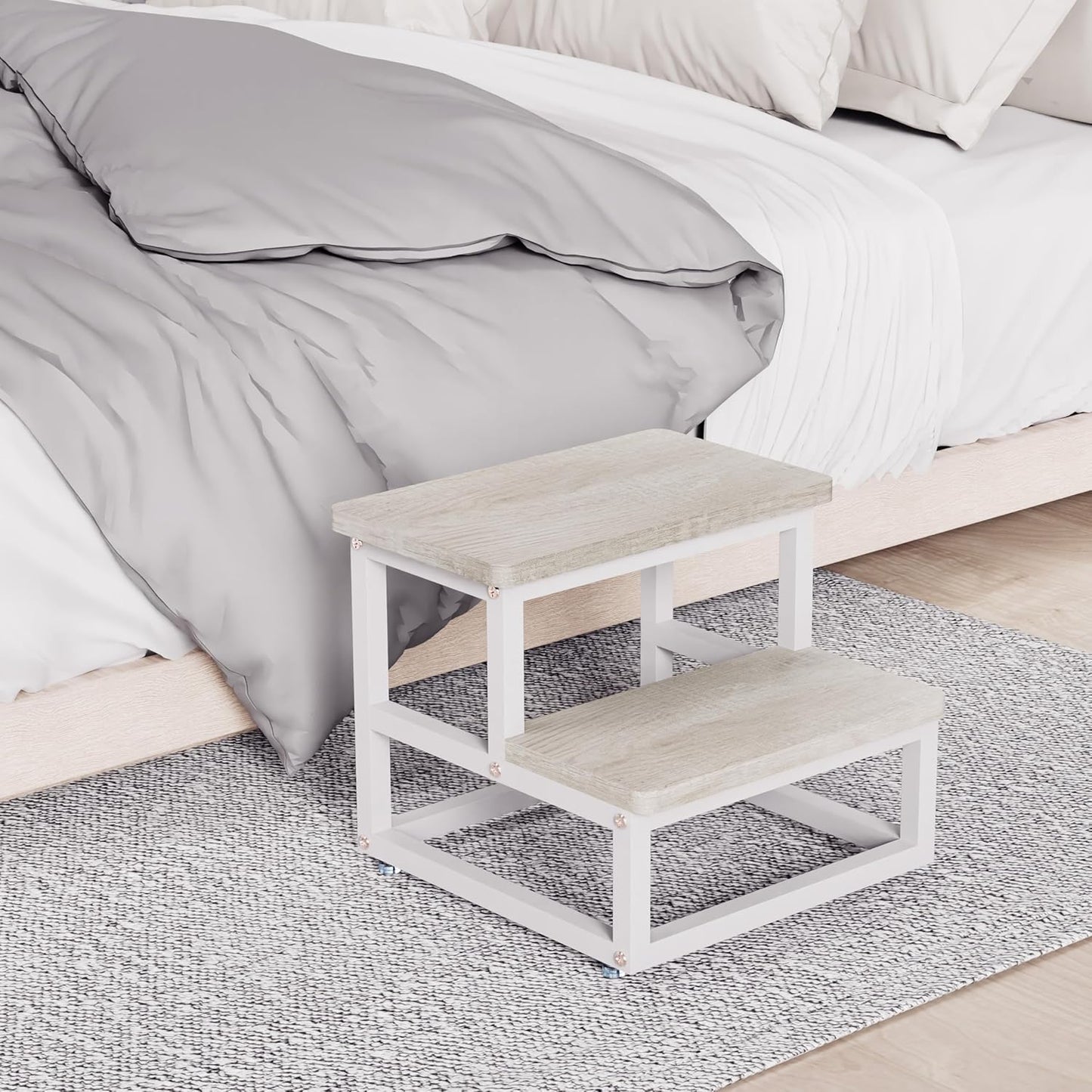 Step Stools, Heavy Duty Stepping Stool for Kids Adults, Non-Slip Metal and Wooden 2 Steps Foot Stool for High Beds and Kitchen, Round Corner, 500 Lbs Capacity, White Oak