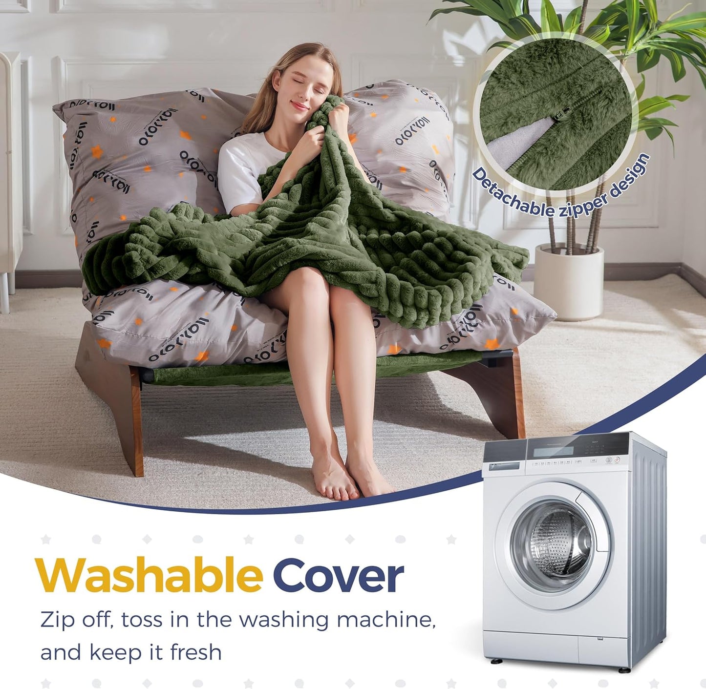 MAXYOYO Adjustable Living Room Chair, 3-Position Bean Bag Chair with Removable Cover, Upholstered Accent Chair with Frame, Soft Reclining Lounge for Bedroom, Apartment, Office, Green