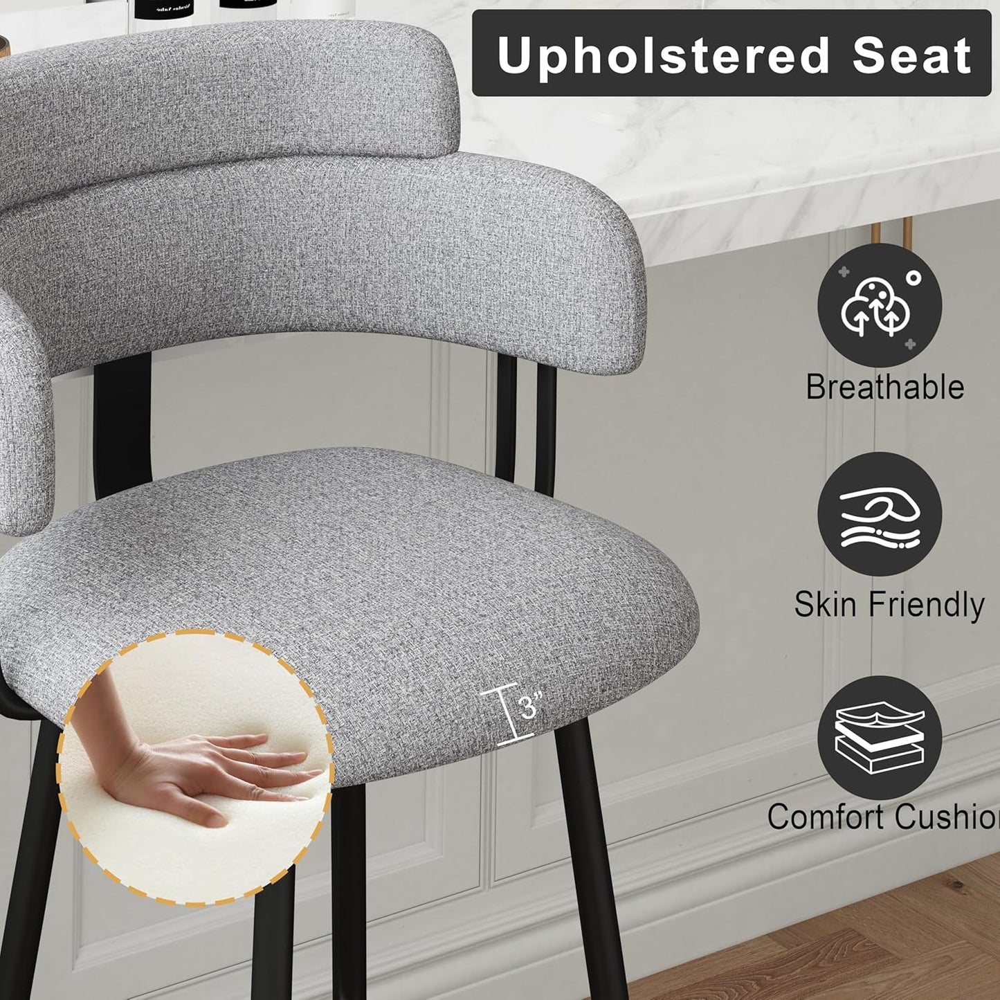 Swivel Bar Stools Set of 2, Counter Height Bar Stools with Ergonomic Full Back, Upholstered Linen Fabric Barstools with Chrome Metal Footrest for Kitchen Island, Dining Room