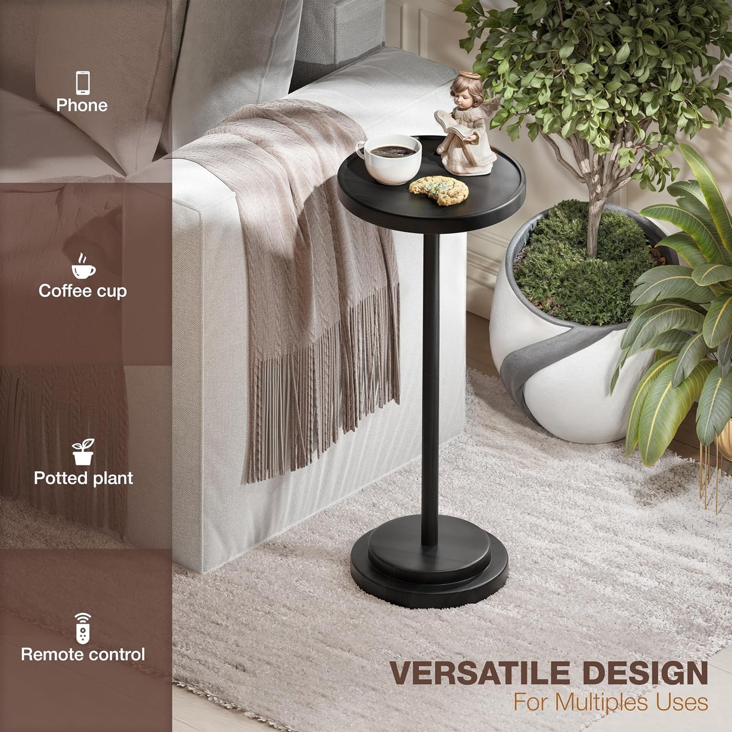 Drink Table, 24.4" Tall Compact Side Table with Phone Slot and Weighted Base, Durable Pedestal Table Accent for Living Room (Stepped Base, Black)