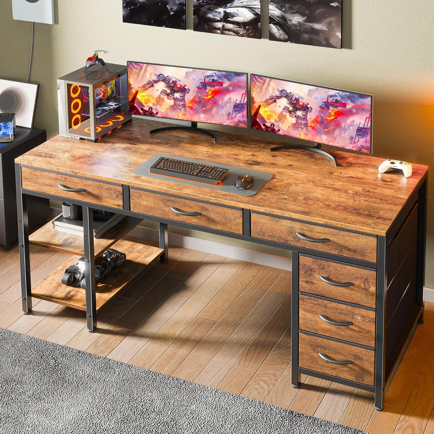 Huuger Computer Desk with 6 Drawers, 54 Inch Office Desk with Shelves, Reversible Gaming Desk, Corner Desk with Storage, Work for Home Office, Study, Living Room, Rustic Brown