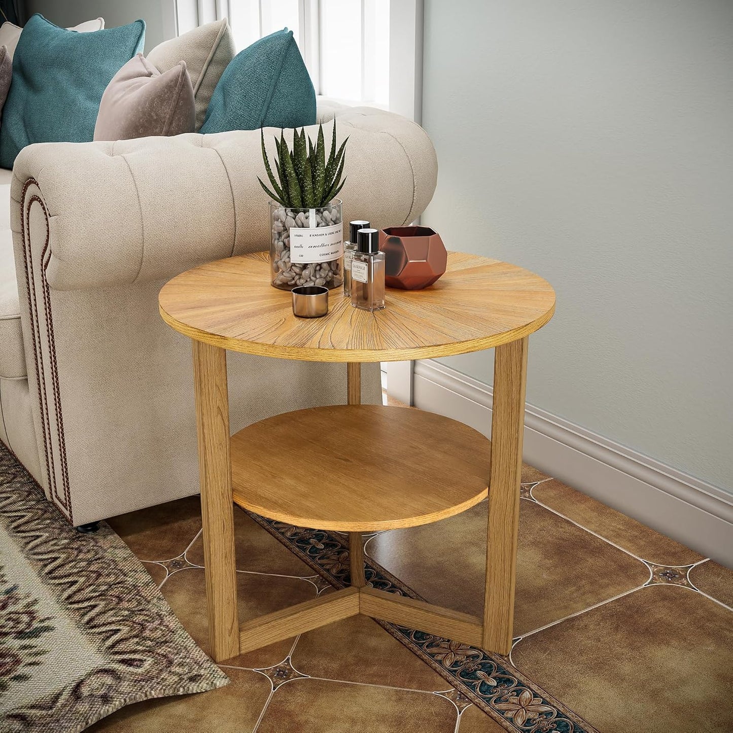 MODERION Large Round End Table, Rustic Beside Table with Umbrella Shaped Top, Traditional Circular Sofa Side Table with Shelf, 25.2”D Nightstand, Telephone Table for Living Room Natural CJZ3338OA