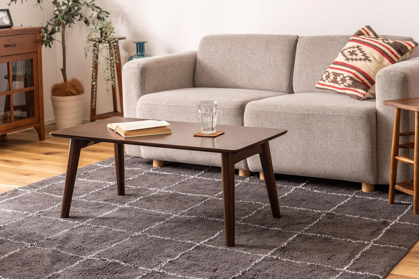 ROOM ESSENCE Folding Coffee Center Table, Size W35.5 x D17.7 x H14.2 Inches, Natural Oak Veneer Table Top, Dark Brown Color, NET-832BR