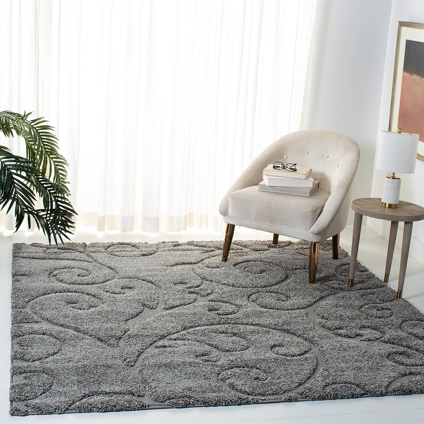 SAFAVIEH Florida Shag Collection Area Rug - 4' Square, Grey, Scroll Design, Non-Shedding & Easy Care, 1.2-inch Thick Ideal for High Traffic Areas in Living Room, Bedroom (SG455-8013)