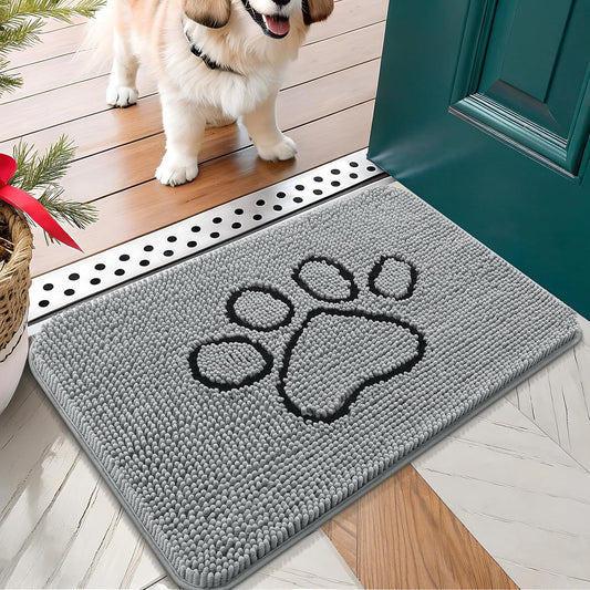 OLANLY Door Mat for Muddy Dog Paws 24x16, Ultra Absorbent Chenille Mud Doormat with Paw Print Design, Non-Slip Washable Doormat for Indoor Entryway, Quick-Dry Pet Bed Mats for Dirty Dogs, Grey