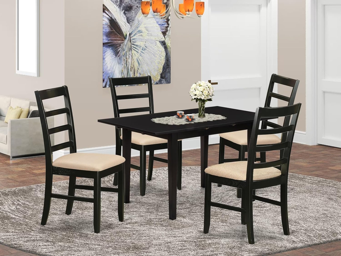 East West Furniture NOPF5-BLK-C 5 Piece Dining Room Furniture Set Includes a Rectangle Kitchen Table with Butterfly Leaf and 4 Linen Fabric Upholstered Chairs, 32x54 Inch, Black