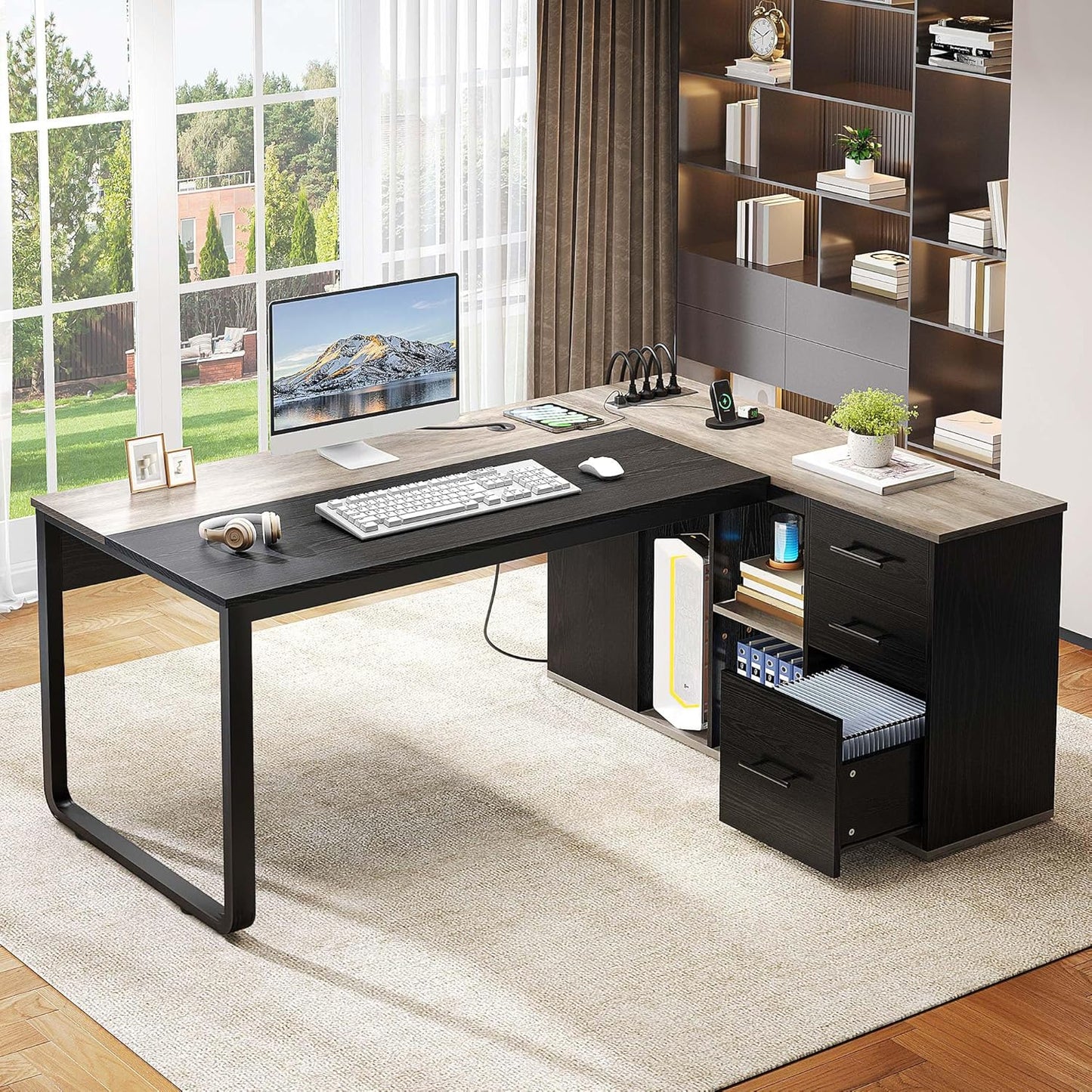 YITAHOME Executive Desk with Power Outlets, 71" L Shaped Desk with File Cabinet, Executive Desk with Drawers & Storage Shelves, Corner Office Desk with Bookshelf for Home Office, Grey & Black