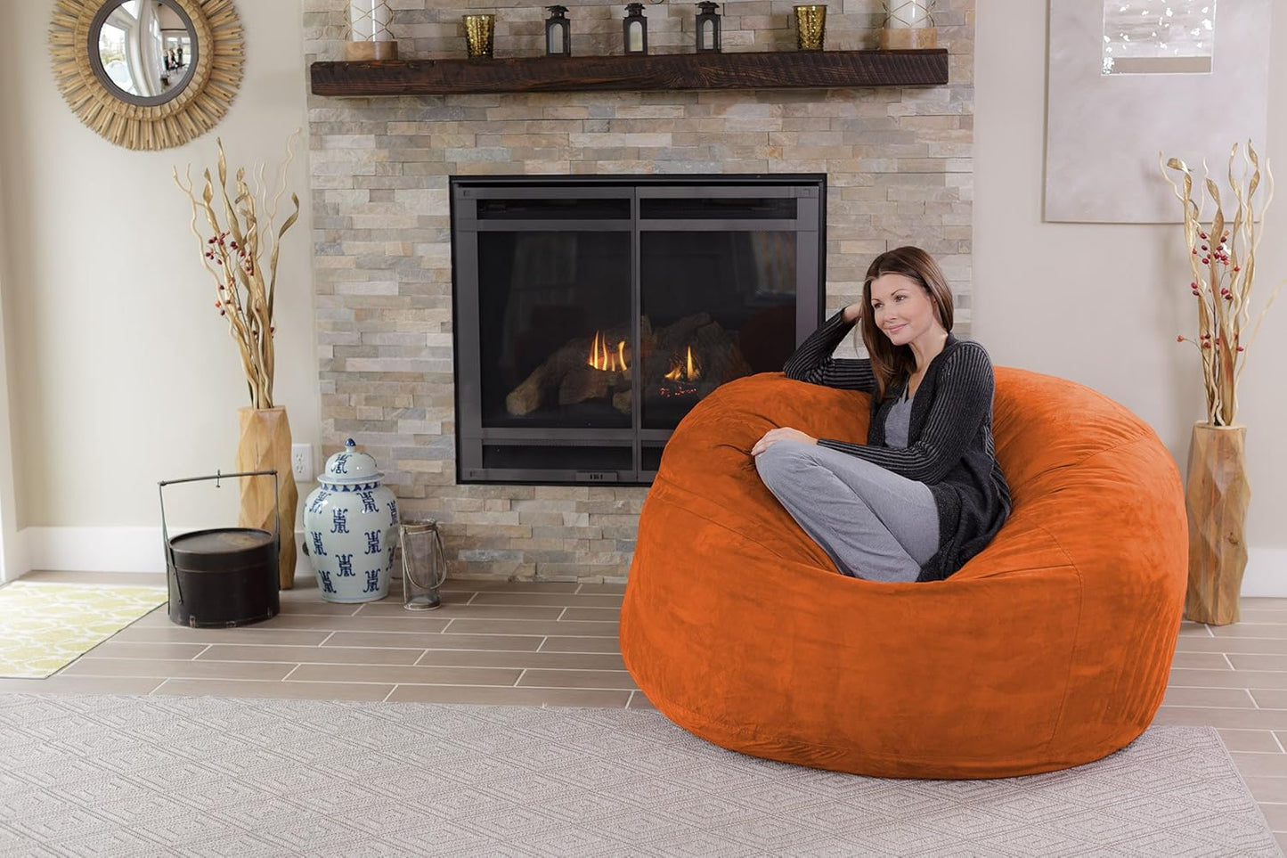 Chill Sack Bean Bag Chair - 5' Giant Memory Foam Lounge Chair with Soft Microfiber Cover – Cozy Furniture for Living Room, Dorm, & Kids' Rooms – Comfortable 5 Ft, Microsuede Lounge Sofa, Orange